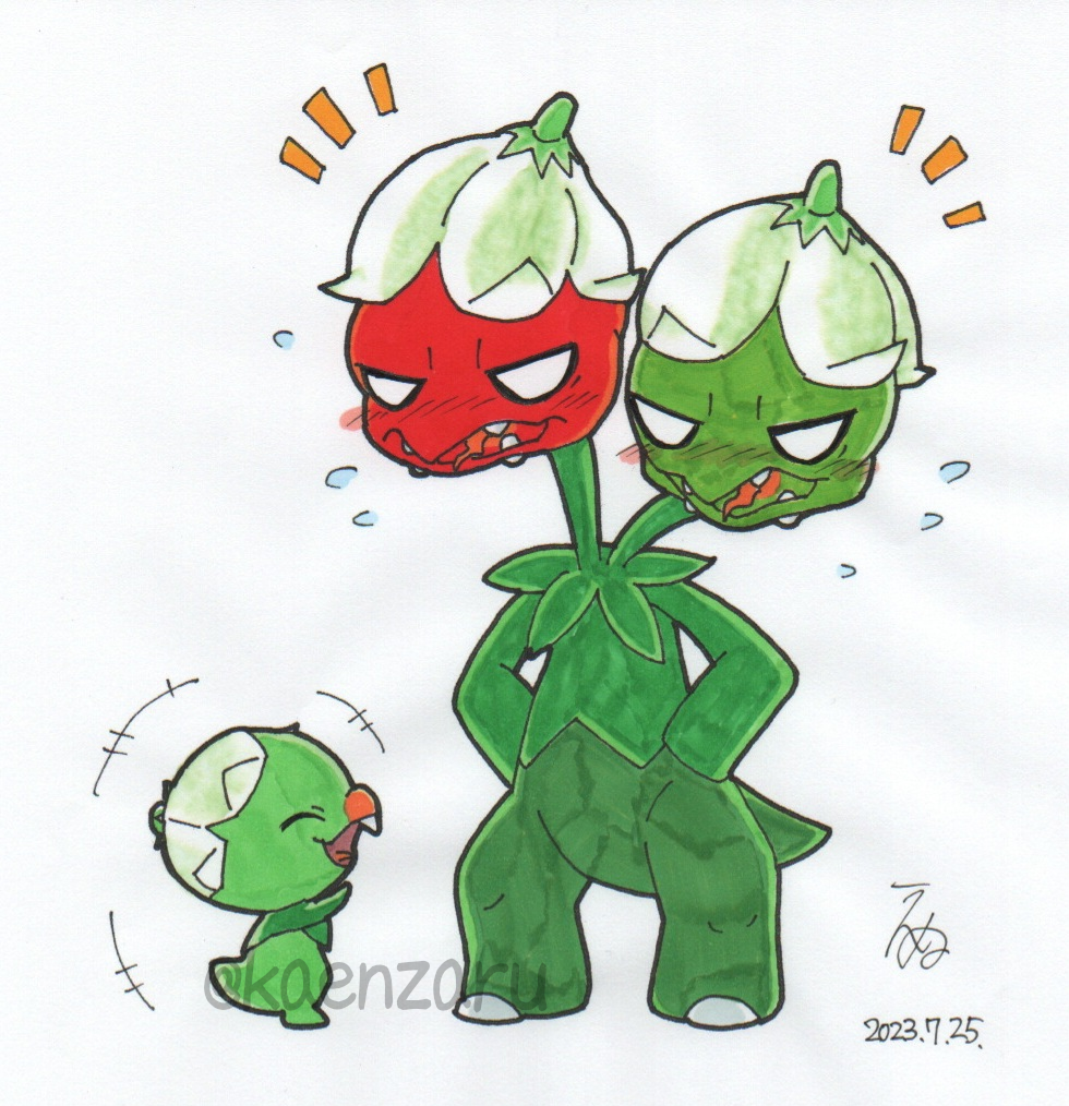 +++, blush, capsakid, closed_eyes, commentary_request, dated, evolutionary_line, fangs