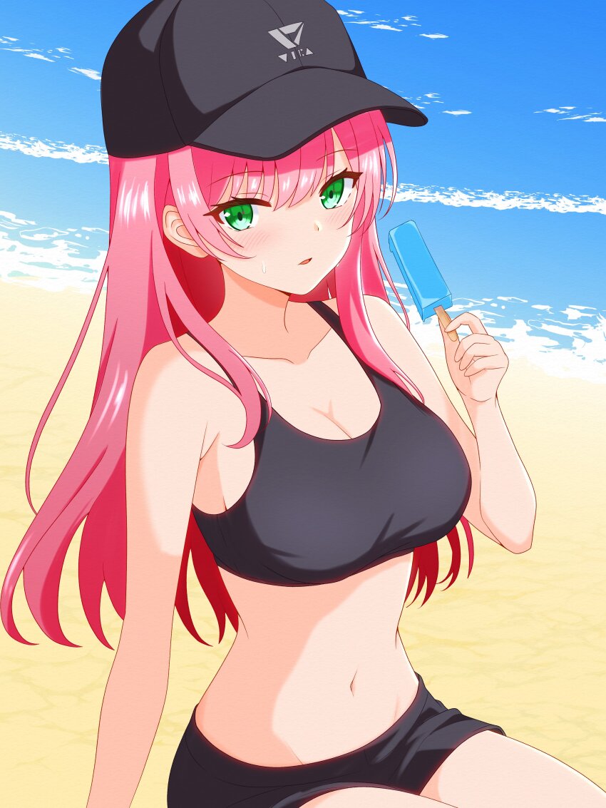 1girl, absurdres, adapted_costume, aikawa_megumi, aikawa_megumi_(casual), arm_at_side, armpit_crease, baseball_cap, beach, black_hat, black_shorts, black_sports_bra, blush, breasts, cleavage, collarbone, colored_eyelashes, cowboy_shot, day, eyelashes, eyes_visible_through_hair, food, green_eyes, hair_between_eyes, hair_down, hand_up, hat, heaven_burns_red, highres, holding, holding_food, holding_popsicle, large_breasts, long_hair, looking_at_viewer, luck_hebuban, melting_popsicle, navel, ocean, official_alternate_hairstyle, outdoors, parted_lips, pink_hair, popsicle, shorts, sidelocks, sitting, solo, sports_bra, stomach, straight_hair, sweat, very_long_hair