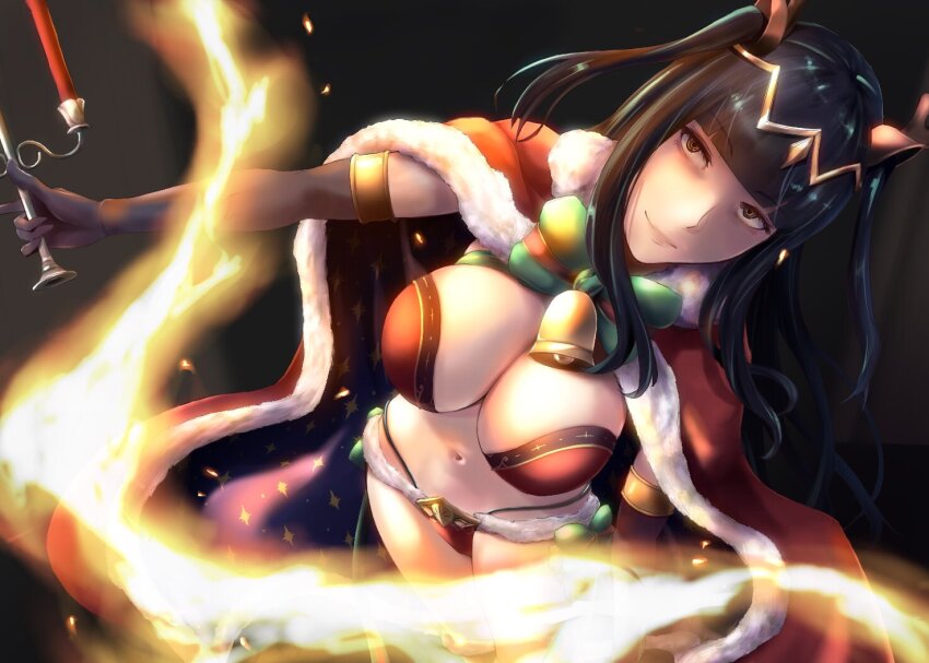 1girl, acker_feh, alternate_costume, antlers, bell, black_hair, blunt_bangs, book, breasts, candlestand, cape, christmas, cleavage, cloak, commentary_request, fire, fire_emblem, fire_emblem_awakening, fire_emblem_heroes, fur-trimmed_cloak, fur_cloak, fur_trim, holding, holding_candlestand, horns, large_breasts, long_hair, looking_at_viewer, looking_up, navel, nintendo, red_cloak, simple_background, smile, solo, tharja_("normal_girl")_(fire_emblem), tharja_(fire_emblem), tiara, two-sided_cloak, two-sided_fabric