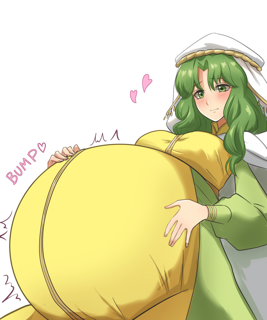 1girl, akane_manpuku, big_belly, blush, fire_emblem, fire_emblem:_thracia_776, green_eyes, green_hair