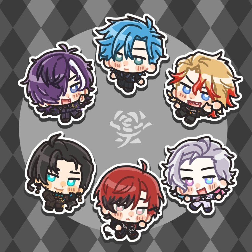6+boys, ahoge, aqua_eyes, argyle_background, axel_syrios, banzoin_hakka, black_background, black_hair, black_suit, blonde_hair, blue_eyes, blue_hair, blush, blush_stickers, chibi, chibi_only, commentary, drop_shadow, facial_hair, fang, flower, formal_clothes, gavis_bettel, green_eyes, hair_over_one_eye, heterochromia, highres, holostars, holostars_english, holotempus, josuiji_shinri, machina_x_flayon, male_focus, multicolored_hair, multiple_boys, official_alternate_costume, official_alternate_hairstyle, open_mouth, outline, pink_eyes, pink_hair, pinstripe_pattern, pinstripe_suit, punpunwan_09, purple_hair, red_hair, red_streaks, regis_altare, rose, sharp_teeth, short_hair, single_hair_streak, streaked_hair, stubble, suit, tail, teeth, untranslatable_commentary, virtual_youtuber, white_hair, white_outline, white_streaks, white_suit