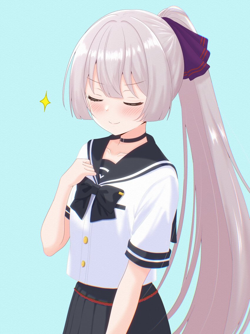 1girl, absurdres, black_bow, black_bowtie, black_choker, black_sailor_collar, black_skirt, blue_background