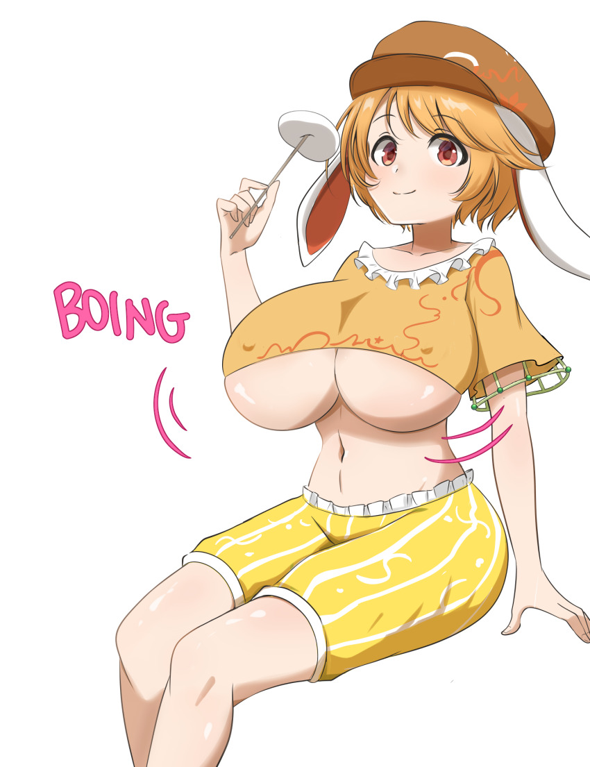 2girls, akane_manpuku, alternate_breast_size_(larger), breast_expansion, breasts, large_breasts, midriff, multiple_girls, orange_hair, ringo_(touhou), simple_background, stuffing, tagme, touhou, underboob, vore, weight_gain, white_background