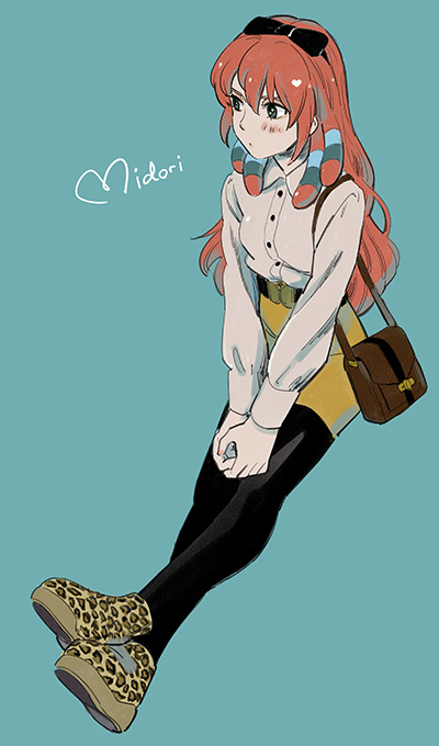 1girl, bag, black_pantyhose, blush, fashion, female_focus, green_eyes, hair_ribbon