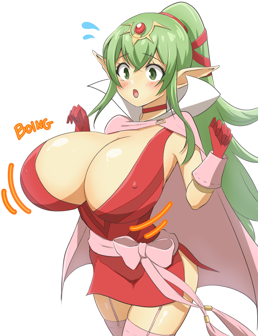 1girl, akane_manpuku, alternate_breast_size_(larger), breast_expansion, breasts, cleavage, fire_emblem, fire_emblem_awakening, green_eyes, green_hair, large_breasts, nintendo, ponytail, thick_thighs, thighs, tiki_(adult)_(fire_emblem), tiki_(fire_emblem), weight_gain