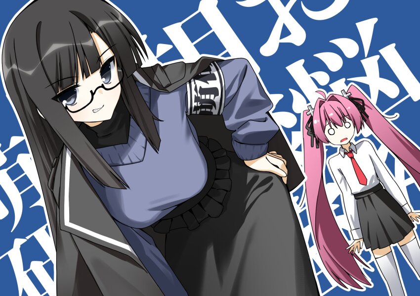 2girls, armband, asakura_moyu, bent_over, black_hair, black_jacket, black_ribbon, black_shirt