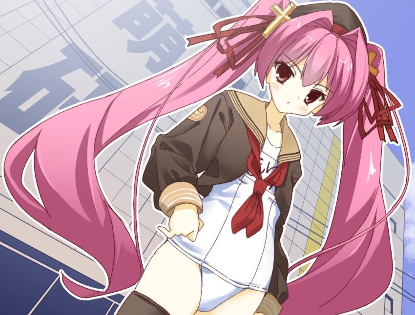 1girl, asakura_moyu, brown_hat, brown_sailor_collar, brown_shirt, brown_thighhighs, building, city