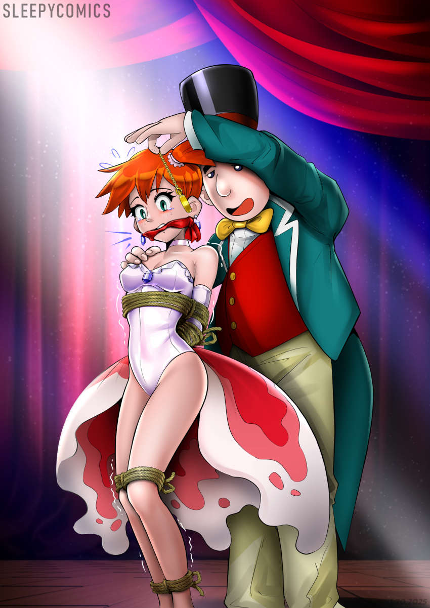 1boy, 1girl, arms_behind_back, asymmetrical_hair, bare_legs, bare_shoulders, barefoot, bdsm, blush, bondage, bound, bound_ankles, bow, bowtie, breasts, buttons, choker, cleave_gag, cloth_gag, coattails, collarbone, cosplay, curtains, elbow_gloves, feet, flying_sweatdrops, gag, gagged, gloves, goldeen_(cosplay), green_eyes, hand_on_another's_shoulder, hat, hetero, highleg, highleg_leotard, highres, improvised_gag, indoors, jacket, legs, legs_together, leotard, long_sleeves, looking_at_viewer, melvin_(pokemon), misty_(pokemon), nintendo, open_mouth, orange_hair, pokemon, pokemon_(anime), pokemon_(classic_anime), pokemon_ep043, ponytail, raised_eyebrows, red_vest, restrained, rope, scared, shibari, short_hair, showgirl_skirt, side_ponytail, sleepycomics, smile, stage, standing, strapless, strapless_leotard, tailcoat, tape, tapegag, top_hat, traditional_bowtie, trembling, vest, white_leotard, wide-eyed, yellow_bow, yellow_bowtie