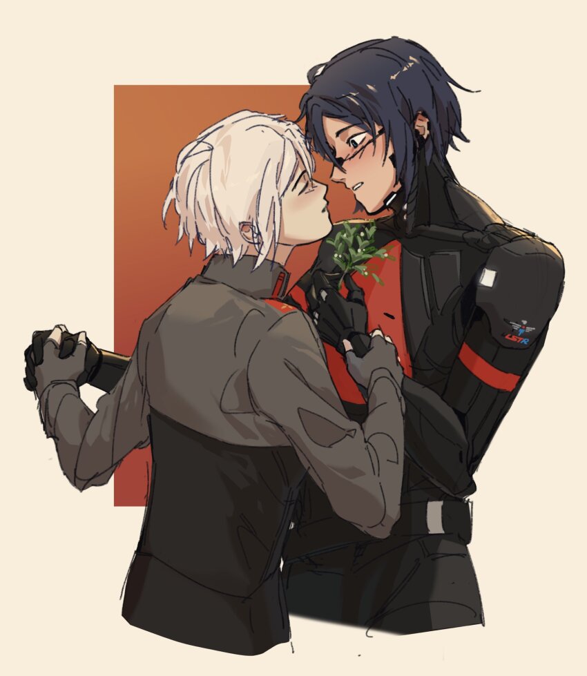 2girls, android, ariane_yeong, black_hair, blush, closed_eyes, commentary, cropped_torso, elster_(signalis), english_commentary, highres, holding, holding_another's_wrist, holding_hands, holding_plant, imminent_kiss, marion_(plinkoping), metal_skin, multiple_girls, parted_lips, plant, short_hair, signalis, sketch, skin_seams, two-tone_background, upper_body, white_hair, yuri