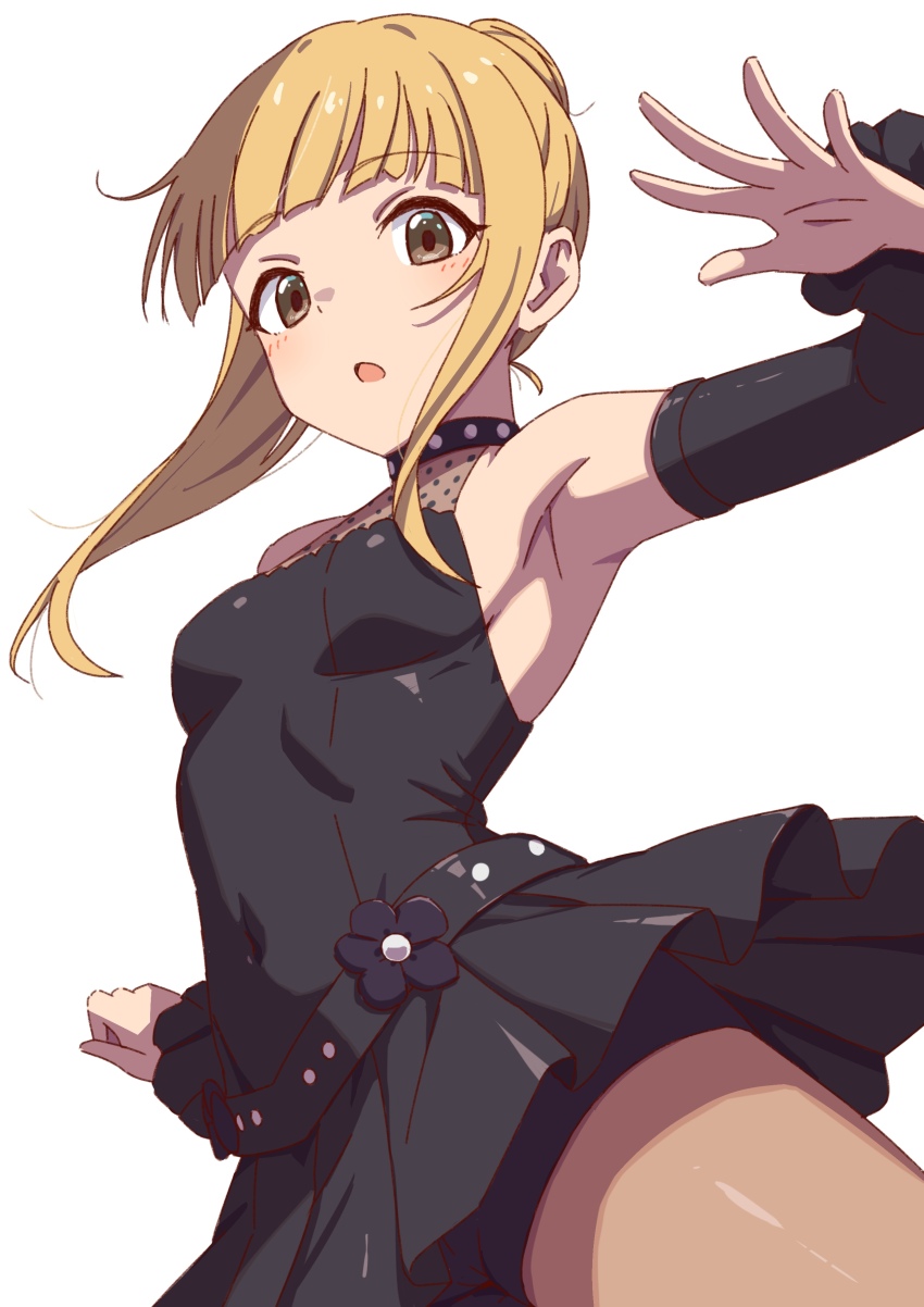1girl, absurdres, belt, black_belt, black_dress, black_sleeves, blonde_hair, breasts