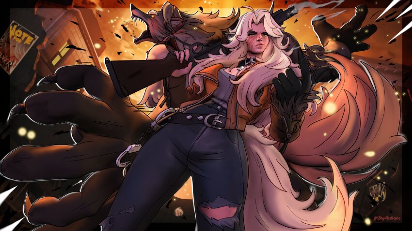 absurdres, animal_collar, animal_ears, artist_name, collar, deadlock_(game), gun, highres