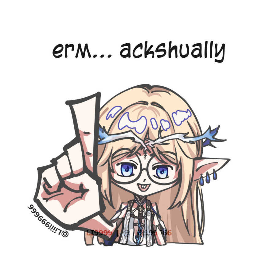 1girl, ackchyually_(meme), artist_name, blonde_hair, blue_eyes, buck_teeth, cartethyia_(wuthering_waves), commentary