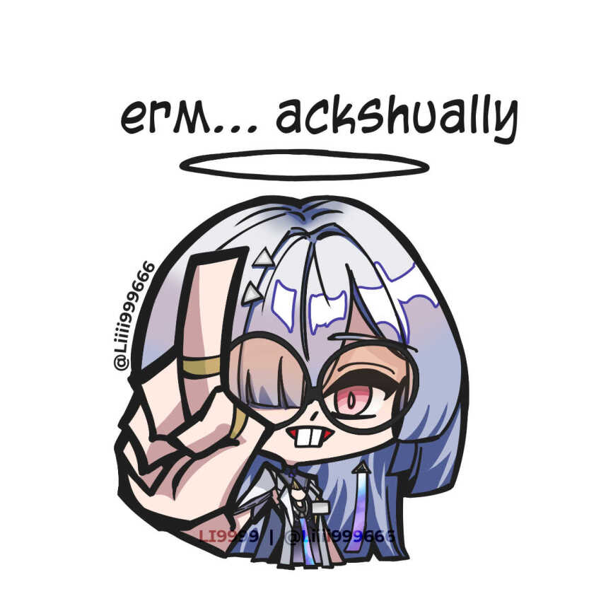 1girl, ackchyually_(meme), artist_name, buck_teeth, commentary, dress, glasses, grey_hair