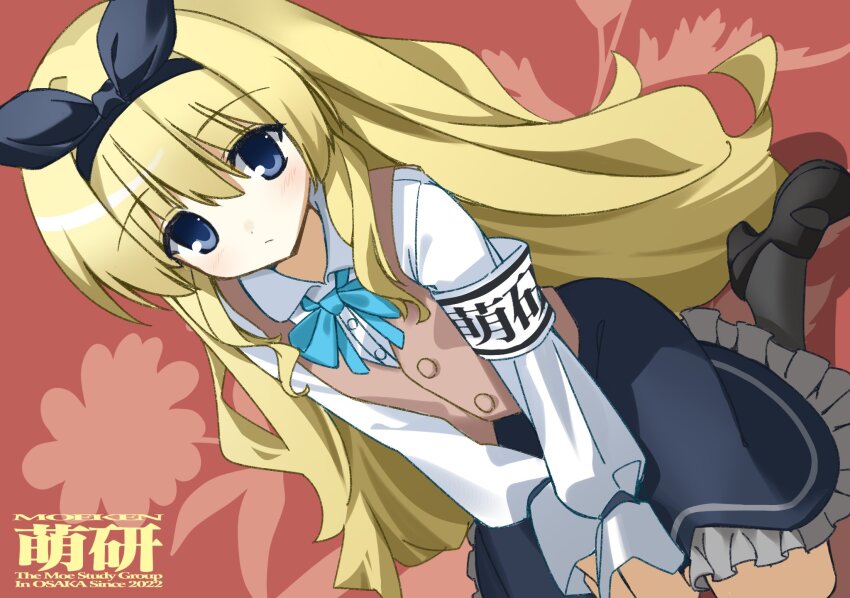 1girl, 2000s_(style), aqua_bow, aqua_bowtie, armband, black_bow, black_hairband, black_shoes