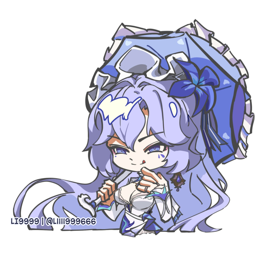 1girl, :q, artist_name, blue_flower, breasts, cantarella_(wuthering_waves), cleavage, commentary