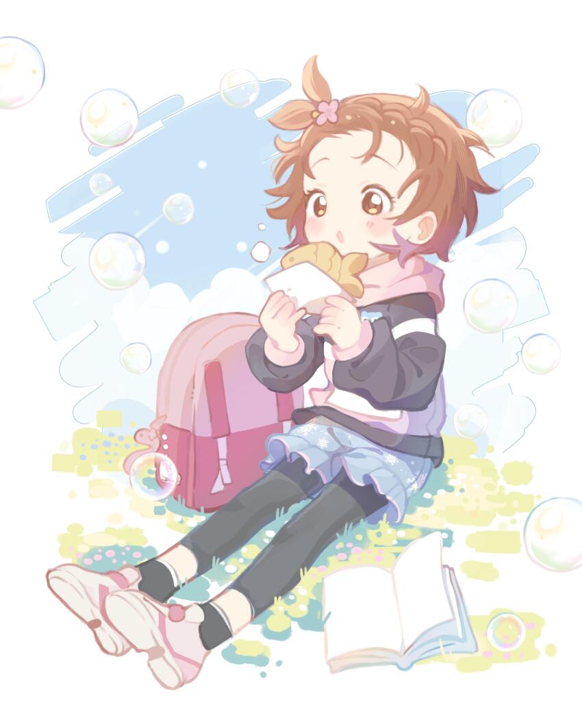 1girl, absurdres, backpack, bag, black_hoodie, black_leggings, black_socks, blue_shorts