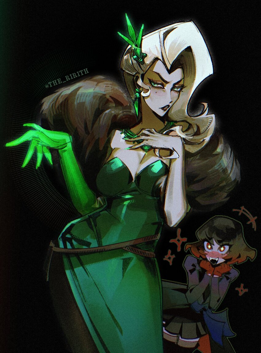 2girls, artist_name, black_hair, black_thighhighs, blush, bob_cut, breasts, cleavage