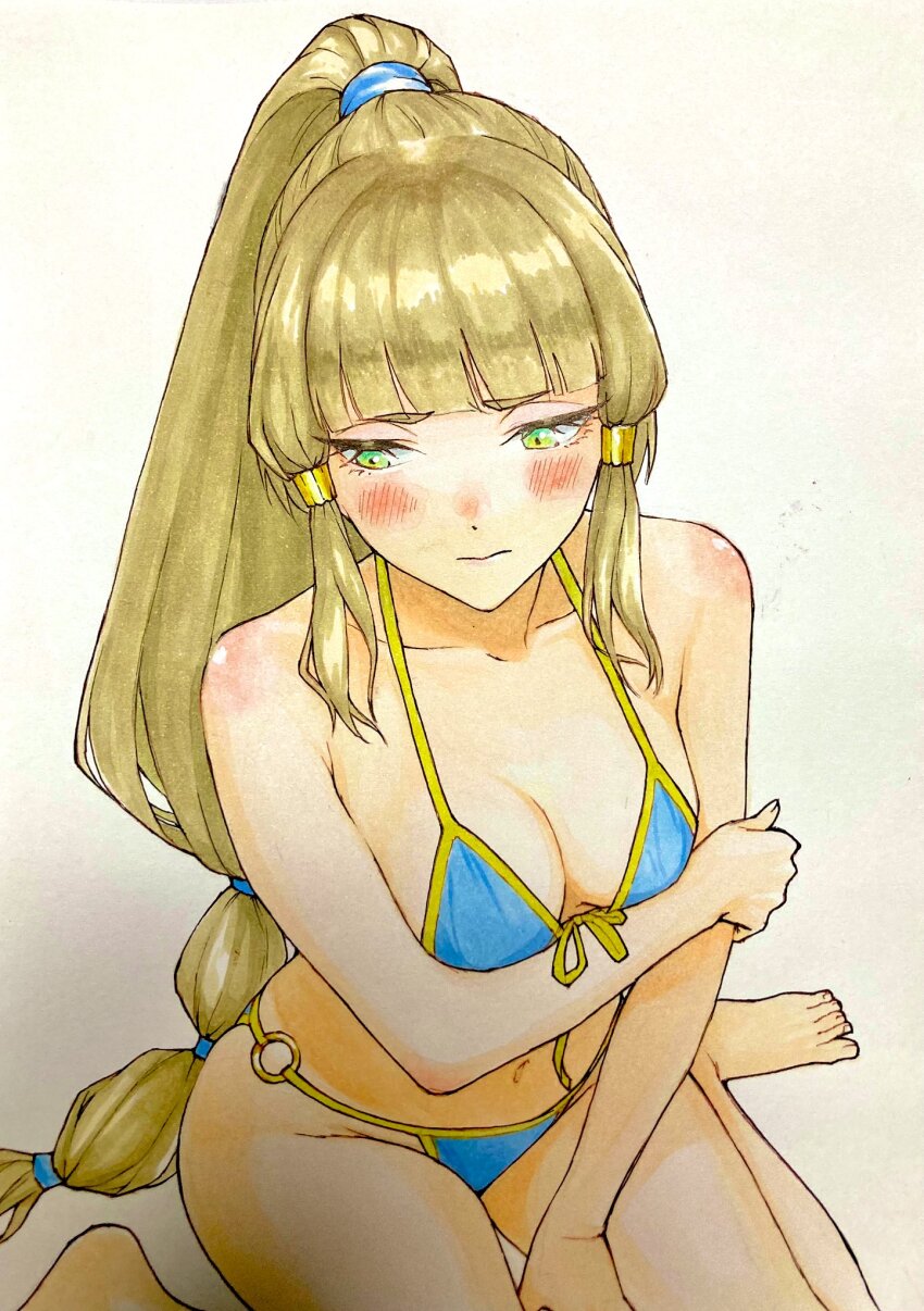 1girl, alternate_costume, bikini, blonde_hair, blue_bikini, blunt_bangs, breasts, closed_mouth