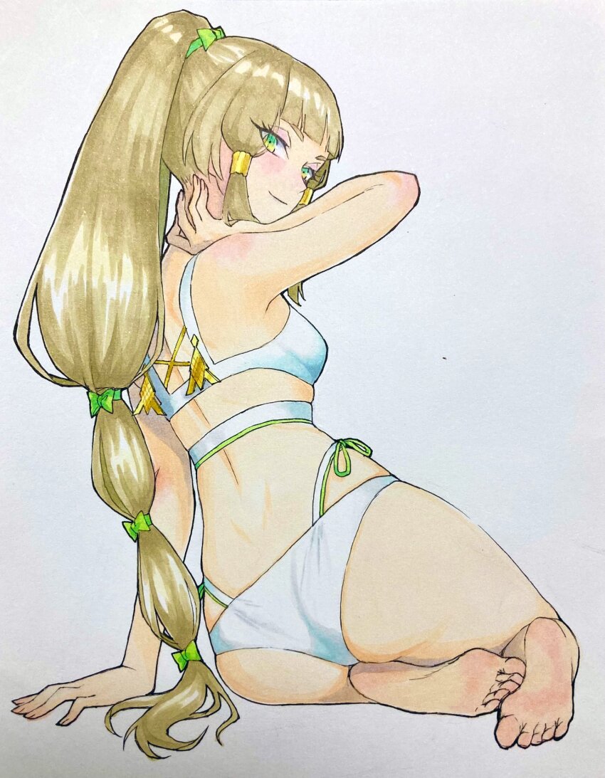 1girl, alternate_costume, ass, bikini, blonde_hair, blunt_bangs, breasts, commentary_request
