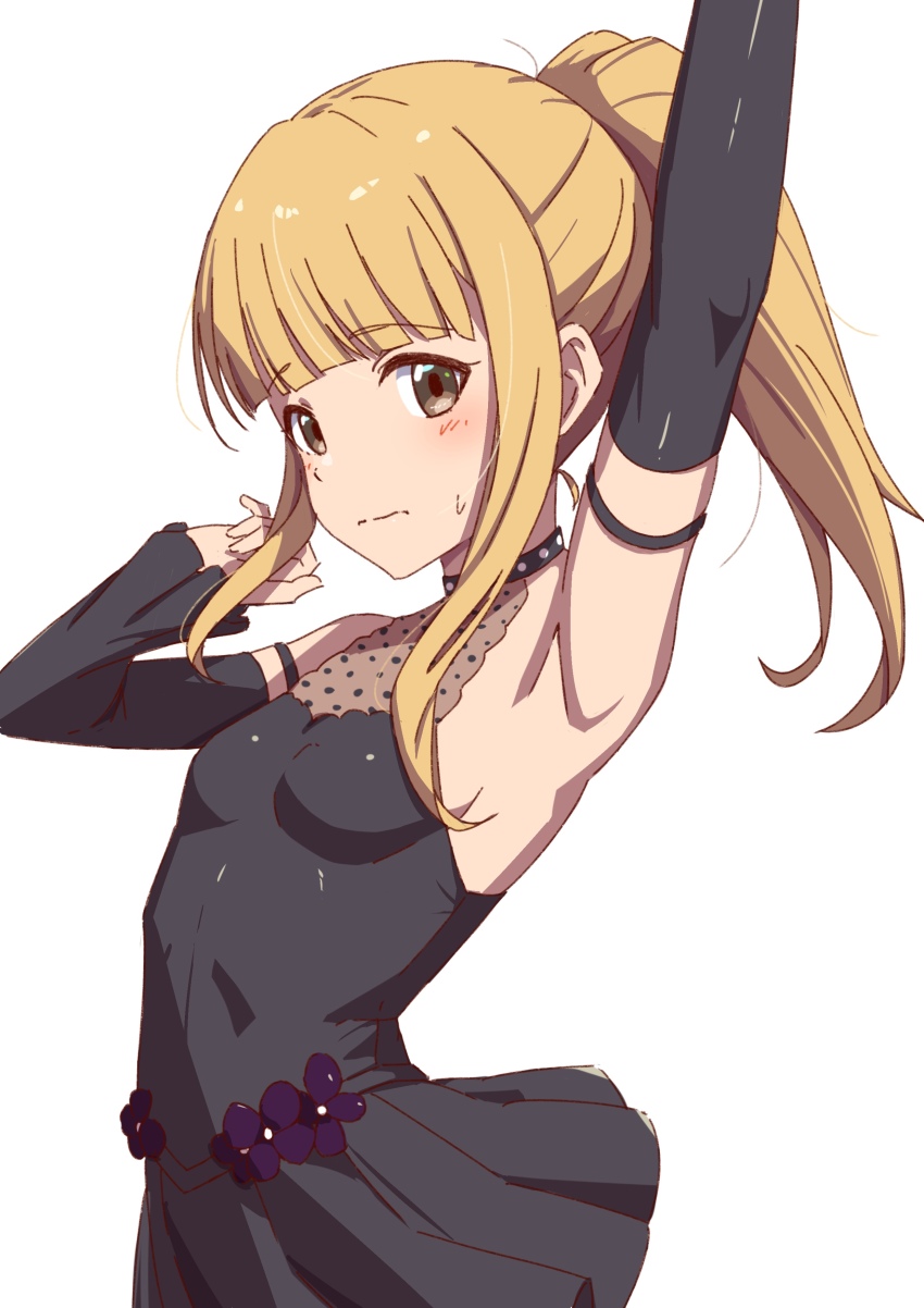 1girl, absurdres, arm_up, armpits, black_dress, black_sleeves, blonde_hair, breasts