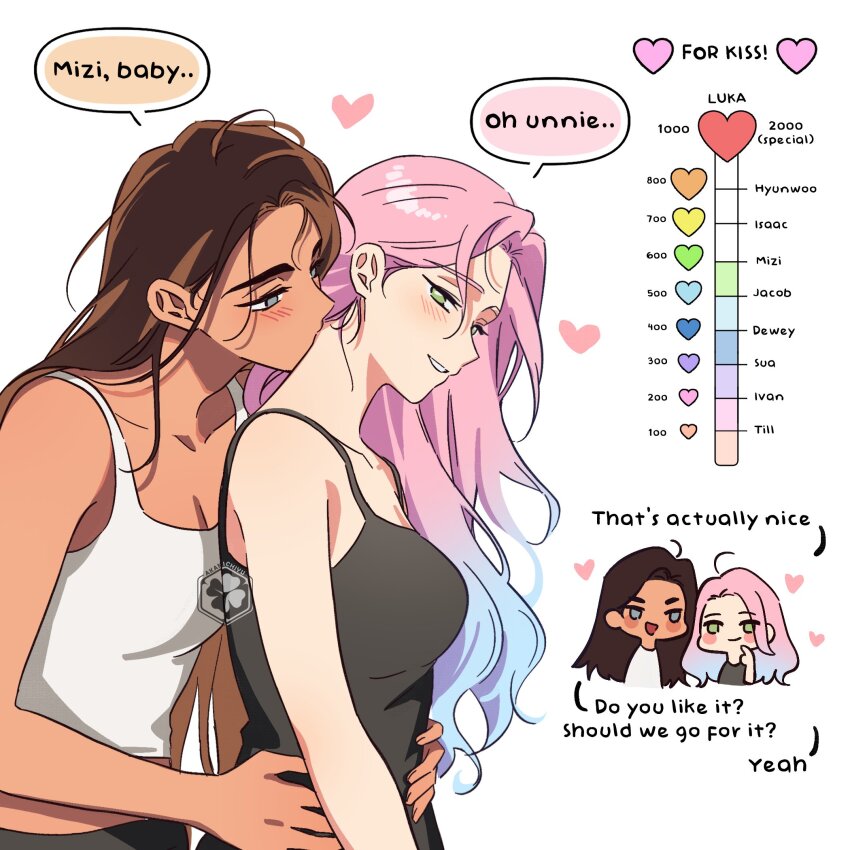 2girls, akanichiyu, alien_stage, black_camisole, blue_hair, breasts, brown_hair, camisole