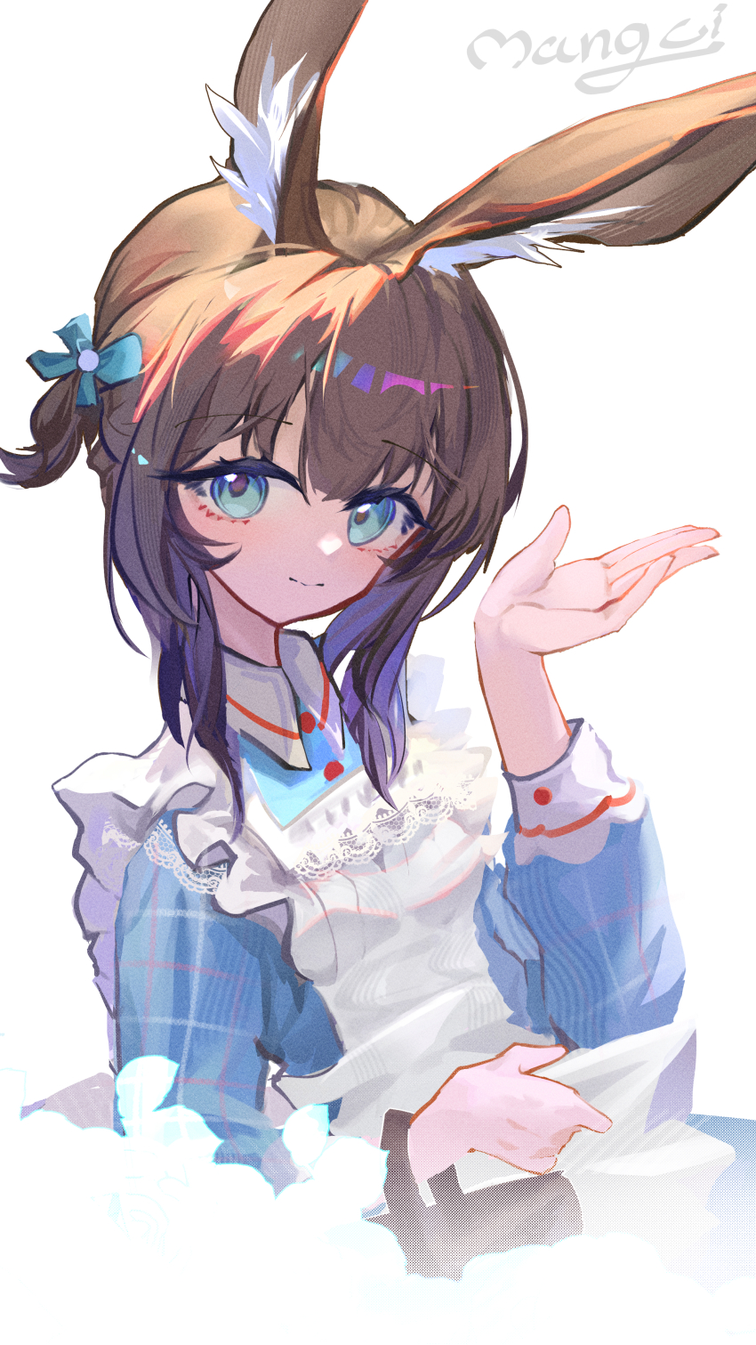 1girl, absurdres, amiya_(arknights), animal_ear_fluff, animal_ears, apron, aqua_eyes, arknights