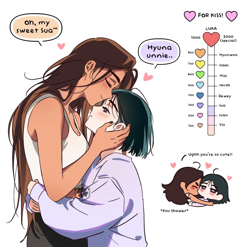 2girls, akanichiyu, alien_stage, black_hair, brown_hair, closed_eyes, commentary, dark-skinned_female