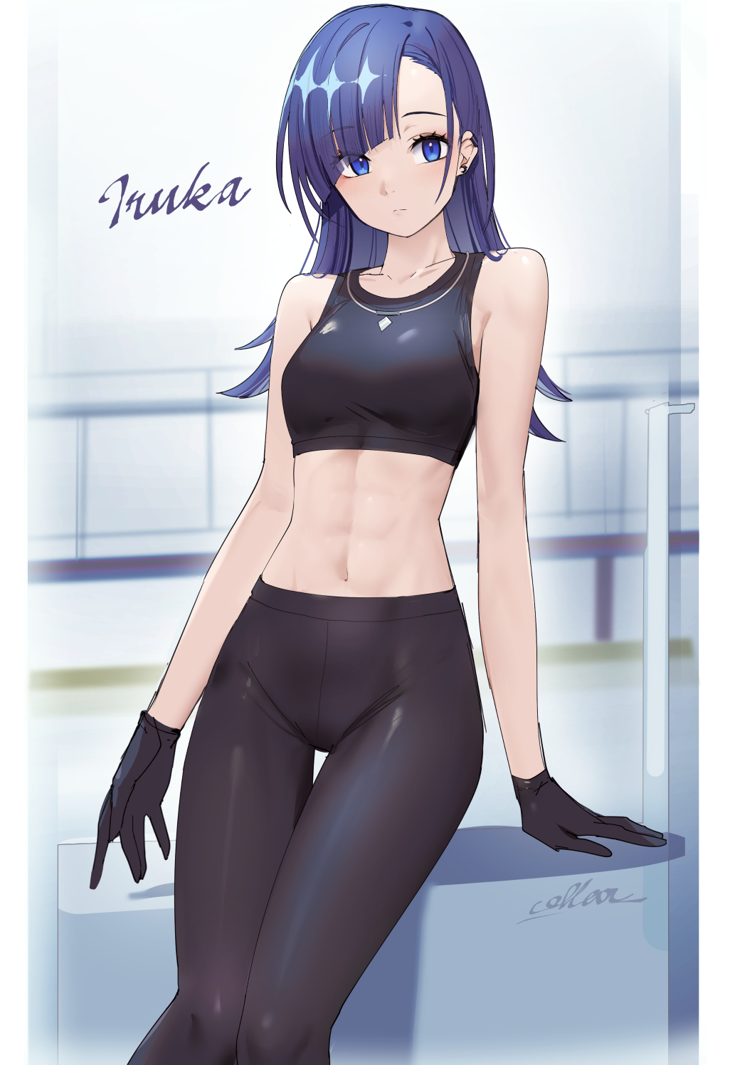 abs, artist_name, asymmetrical_bangs, black_gloves, black_hair, black_leggings, black_sports_bra, blue_eyes