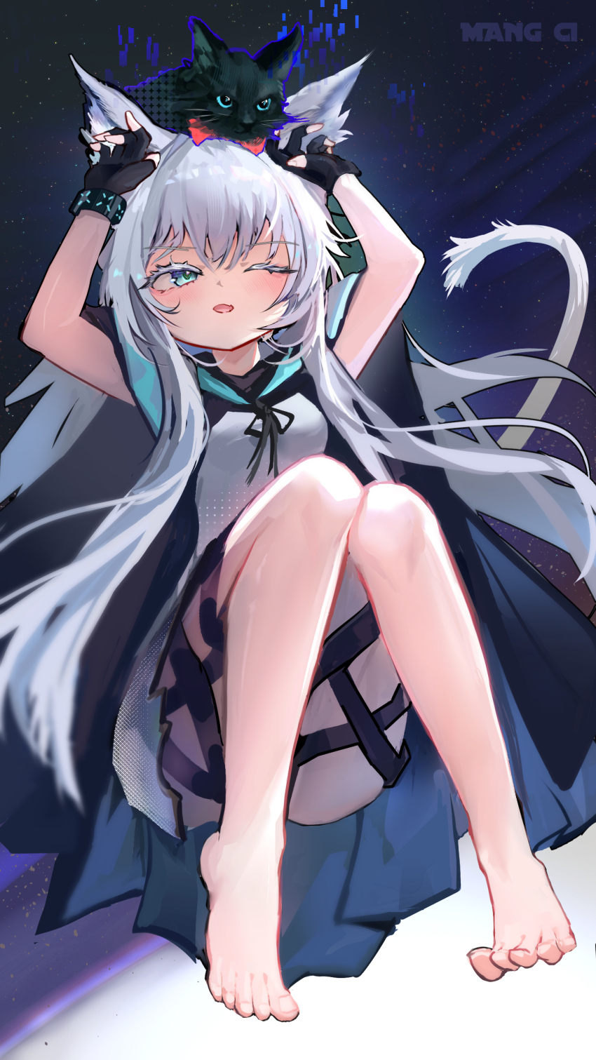 1girl, absurdres, animal, animal_on_head, aqua_eyes, arknights, arms_up, barefoot