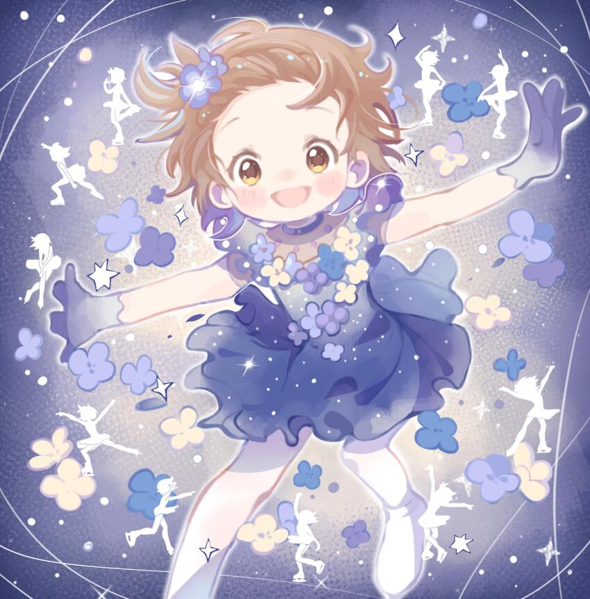 1girl, blue_dress, blue_gloves, blue_theme, braid, braided_bangs, brown_eyes, brown_hair, chinese_commentary, commentary_request, dress, figure_skating, figure_skating_dress, flower, gloves, hair_flower, hair_ornament, highres, ice_beno, ice_skates, looking_at_viewer, medalist_(manga), open_mouth, outstretched_arms, pantyhose, short_dress, short_hair, skates, sleeveless, sleeveless_dress, smile, solo, sparkle, spread_arms, standing, white_pantyhose, yuitsuka_inori