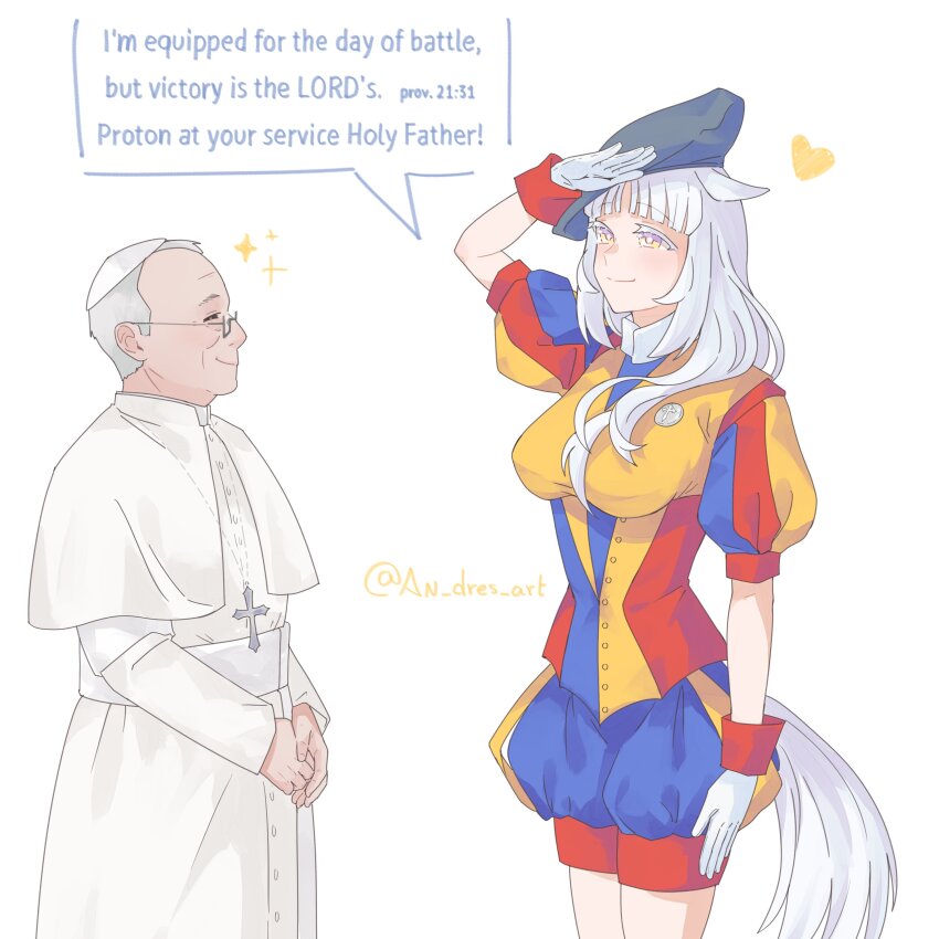 1boy, 1girl, =_=, absurdres, an_dres_art, animal_ears, beret, cassock, christianity, clerical_collar, closed_mouth, commentary, english_commentary, glasses, gloves, grey_hair, hat, heart, highres, horse_ears, horse_tail, long_sleeves, old, old_man, original, personification, pink_eyes, pope, pope_leo_xiv, puffy_short_sleeves, puffy_sleeves, real_life, rectangular_eyewear, salute, short_hair, short_sleeves, shorts, simple_background, skullcap, smile, sparkle, swiss_guard, tail, umamusume, white_background, white_hat, zucchetto