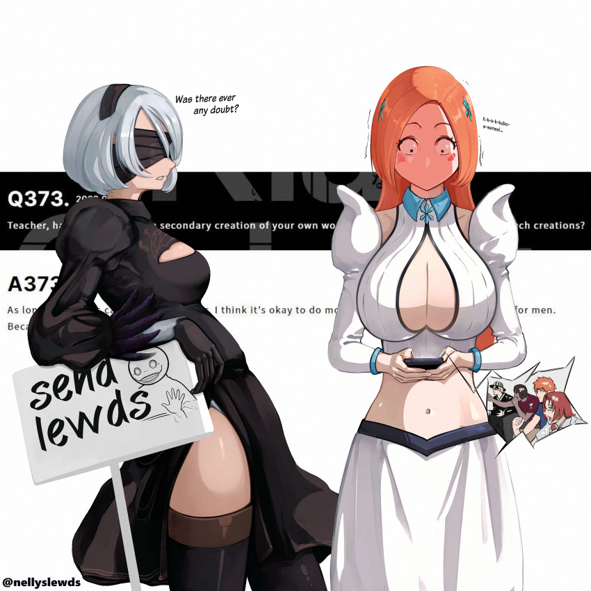 2b_(nier:automata), 3girls, 4boys, artist_name, bleach, bleach:_sennen_kessen-hen, blindfold, blonde_hair, blush, breasts, brown_hair, bucket, cellphone, character_mask, cleavage, cleavage_cutout, clothing_cutout, crop_top, crossover, dark-skinned_male, dark_skin, detached_sleeves, embarrassed, emil_(nier), english_text, gaijin_4koma_(meme), glasses, hair_ornament, hairband, hairpin, highres, holding, holding_phone, honshou_chizuru, inoue_orihime, juliet_sleeves, kurosaki_ichigo, large_breasts, leaning_on_object, long_hair, long_sleeves, looking_at_phone, mask, medium_breasts, meme, multiple_boys, multiple_girls, navel, nellyslewds, nier:automata, nier_(series), orange_hair, phone, puffy_sleeves, red_hair, sado_yasutora, sign, smartphone, thighhighs, trembling, urahara_kisuke, white_hair, yoko_taro