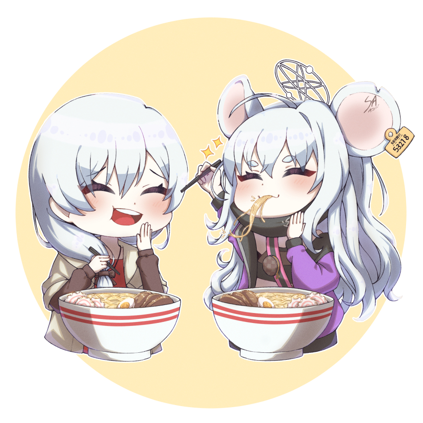 2girls, animal_ears, blue_archive, brown_coat, casual, chopsticks, closed_eyes, closed_mouth, coat, commentary, commission, dress, english_commentary, food, food_focus, halo, highres, holding, holding_chopsticks, honkai_(series), honkai_impact_3rd, jacket, jewelry, kohiiko, long_hair, mouse_ears, multiple_girls, necklace, noodles, open_mouth, purple_jacket, ramen, red_dress, saya_(blue_archive), second-party_source, side_ponytail, tamura_yukari, teeth, theresa_apocalypse, two-tone_background, upper_teeth_only, voice_actor_connection, white_background, white_hair, yellow_background