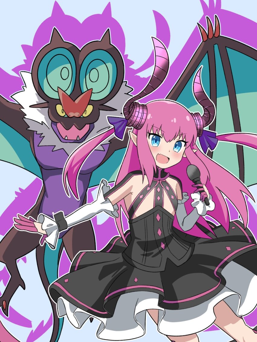 1girl, black_dress, blue_eyes, commentary_request, crossover, curled_horns, detached_sleeves, dragon_horns