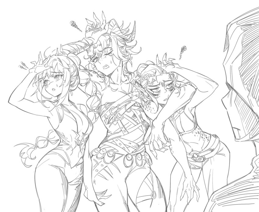 1other, 3girls, anger_vein, animification, arm_around_neck, baldur's_gate, baldur's_gate_3, braid