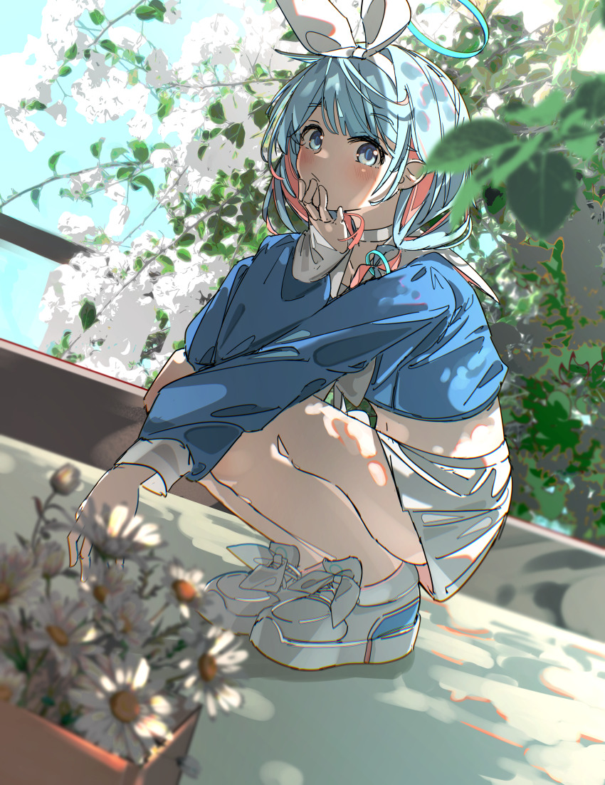 1girl, absurdres, arona_(blue_archive), blue_archive, blue_eyes, blue_hair, blue_halo, blue_shirt