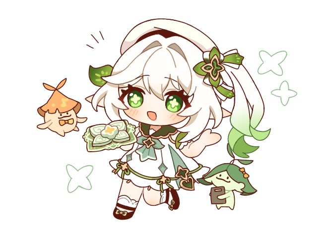 1girl, aranara_(genshin_impact), blush, chibi, chibi_only, commentary_request, cross-shaped_pupils, dress