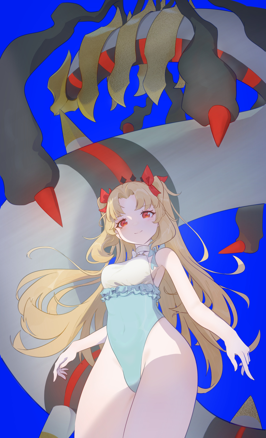 1girl, absurdres, blonde_hair, blue_background, blue_one-piece_swimsuit, breasts, closed_mouth, commentary_request