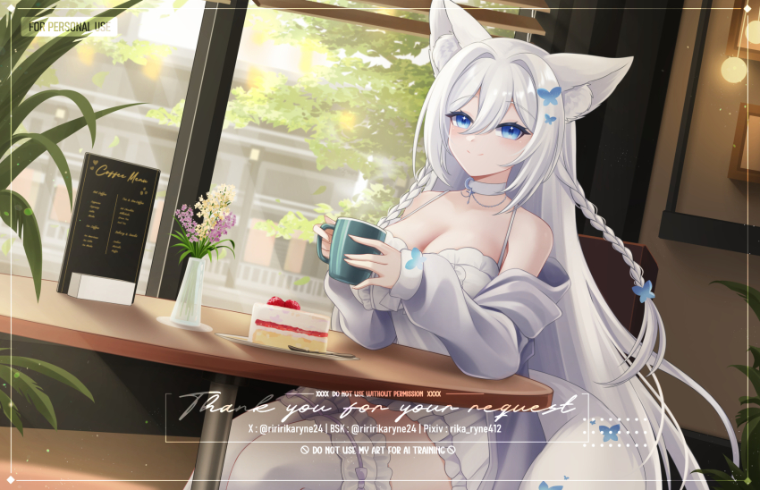 1girl, animal_ear_fluff, animal_ears, braid, breasts, butterfly_hair_ornament, cake, cake_slice