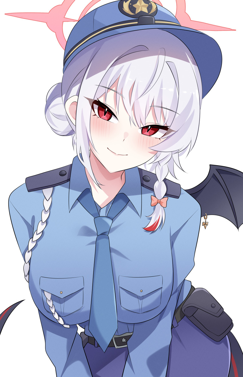 1girl, absurdres, black_wings, blue_archive, blue_necktie, blue_shirt, blue_skirt, breasts