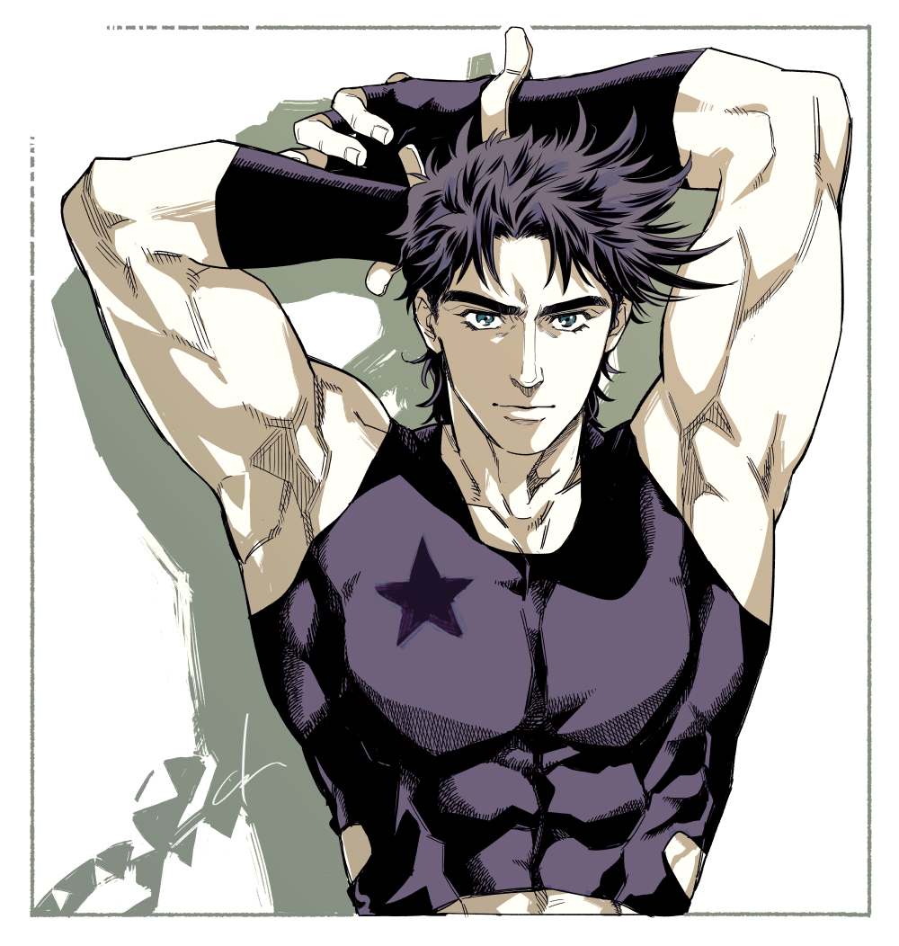 1boy, armpits, arms_behind_head, battle_tendency, black_hair, blue_eyes, crop_top, different_silhouette