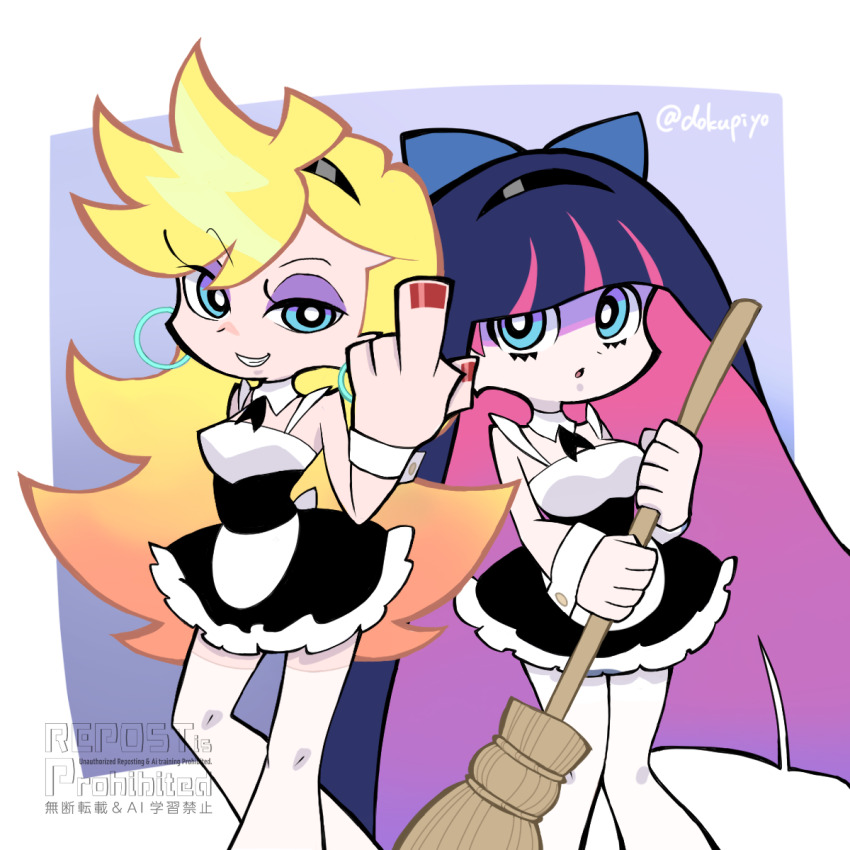 2girls, black_dress, blonde_hair, blue_eyes, breasts, colored_inner_hair, commentary_request, dokupiyoart, dress, highres, long_hair, maid, multicolored_hair, multiple_girls, panty_&amp;_stocking_with_garterbelt, pink_hair, purple_hair, stocking_(psg), thighhighs