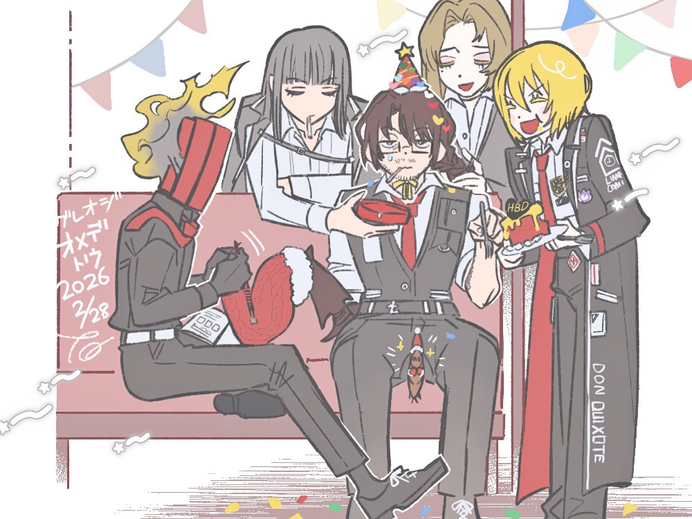 1boy, 1other, 3girls, ^_^, ashtray, black_gloves, black_hair, black_pants, black_shirt, black_vest, blonde_hair, bob_cut, braiding_another's_hair, brown_hair, bug, bus_interior, cake, clock, closed_eyes, cockroach, collared_shirt, commentary_request, dante_(limbus_company), don_quixote_(project_moon), fire, food, gloves, gregor's_cockroach_(project_moon), gregor_(project_moon), hat, holding, holding_ashtray, holding_plate, indoors, insect, knitting, limbus_company, long_hair, long_sleeves, mephistopheles_(project_moon), multiple_girls, object_head, open_mouth, pants, plate, project_moon, rodion_(project_moon), ryoshu_(project_moon), santa_hat, shirt, short_hair, sitting, smile, string_of_flags, tama_launcher, very_long_hair, vest, white_shirt