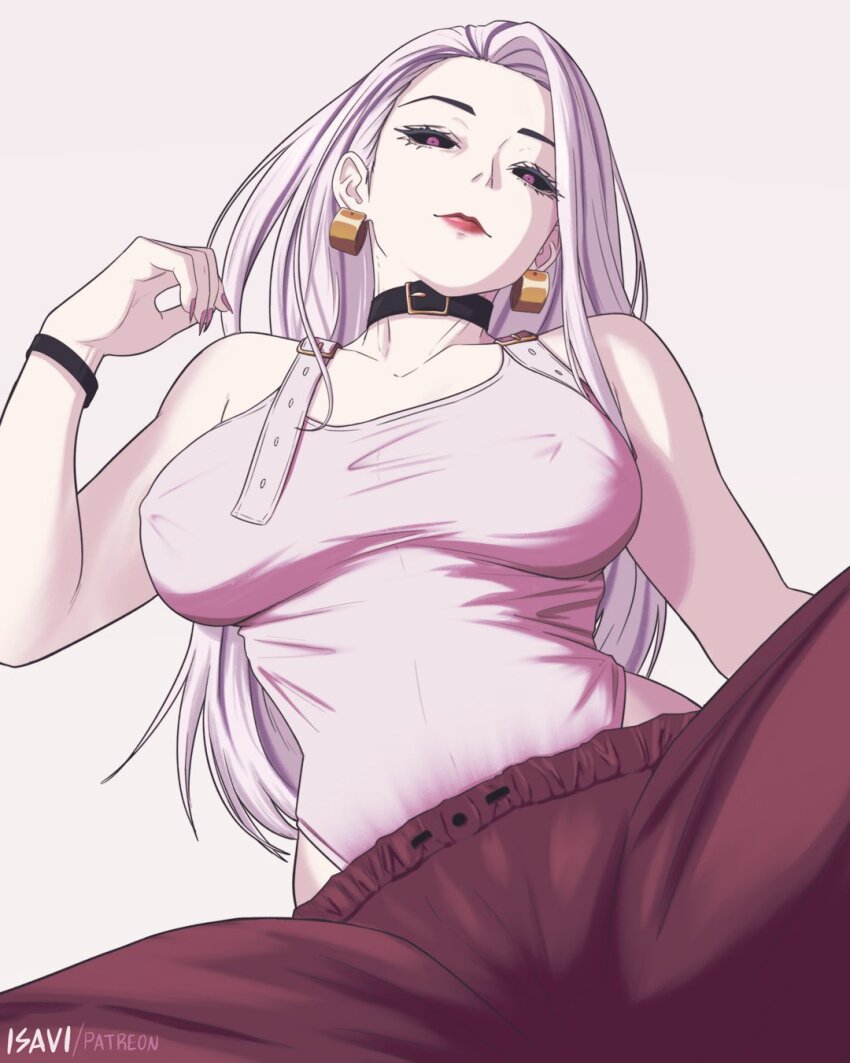 1girl, black_sclera, breasts, choker, colored_sclera, covered_erect_nipples, earrings, hoop_earrings