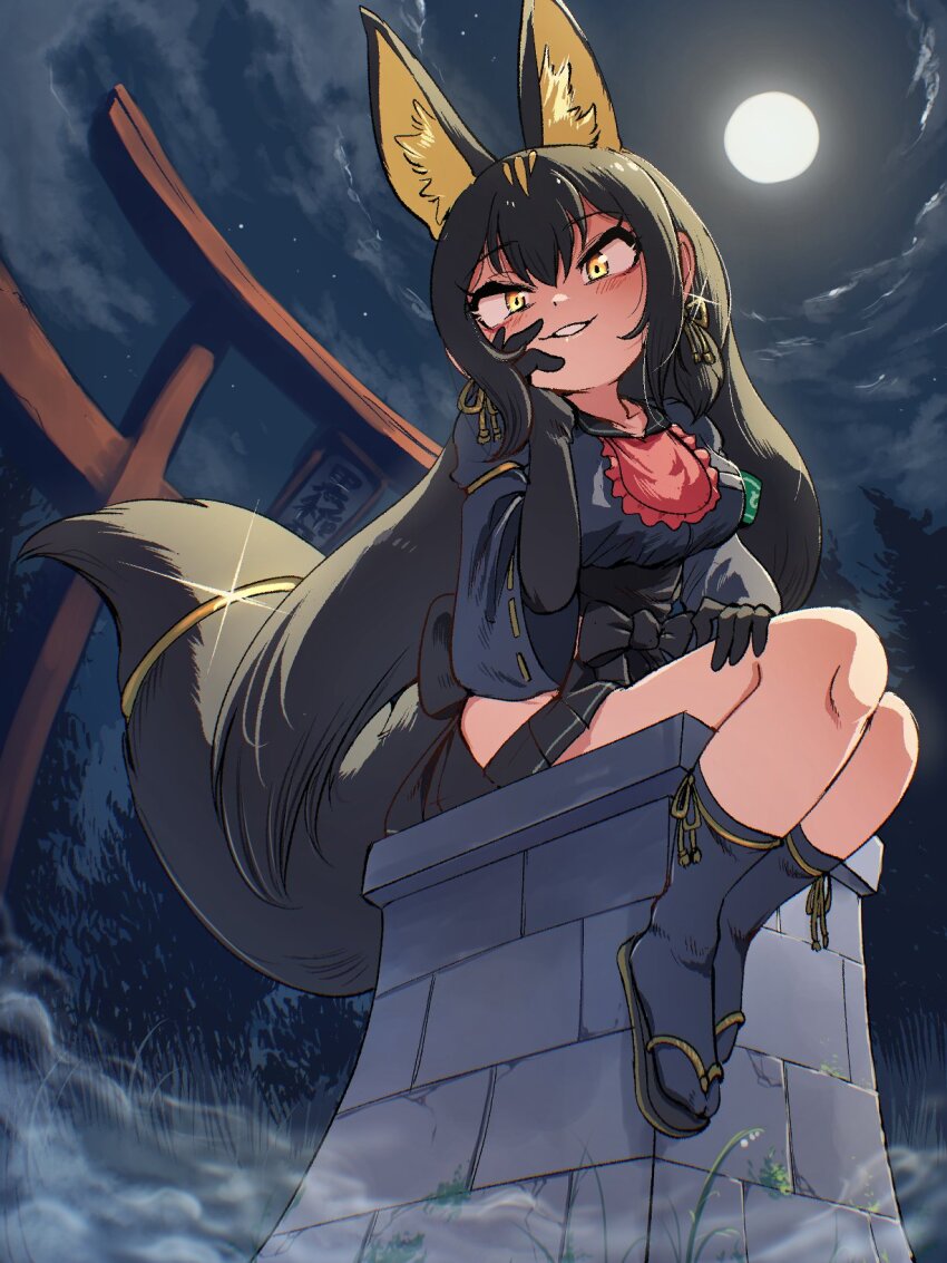 1girl, animal_ears, black_hair, commentary_request, elbow_gloves, extra_ears, fox_ears, fox_girl, fox_tail, full_moon, gloves, highres, japanese_clothes, kemono_friends, kimono, kuroinarisama_(kemono_friends), long_hair, looking_at_viewer, mcgunngu, moon, night, outdoors, ribbon, sandals, skirt, socks, solo, tail, yellow_eyes, zouri