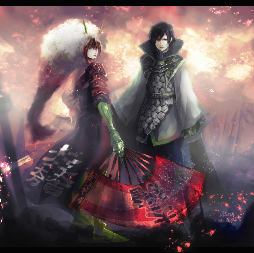 2boys, armor, asymmetrical_clothes, belt, black_hair, blue_eyes, brown_eyes, brown_hair, cao_pi_(shin_sangoku_musou), fire, folding_fan, frown, gauntlets, hand_fan, headband, headdress, high_collar, highres, holding, holding_fan, horns, ihiro, ishida_mitsunari_(sengoku_musou), letterboxed, long_sleeves, male_focus, multiple_boys, musou_orochi, outdoors, pauldrons, sengoku_musou, shin_sangoku_musou, shoulder_armor, signature, single_horn, sky, sleeves_past_wrists, sneer, toyotomi_hideyoshi_(sengoku_musou), weapon