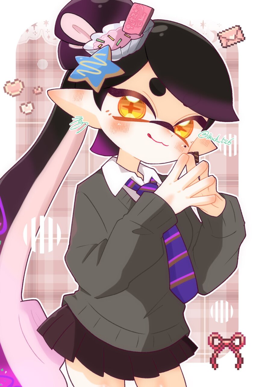 +_+, 1girl, :3, black_hair, black_skirt, blue_necktie, blush, bow-shaped_hair