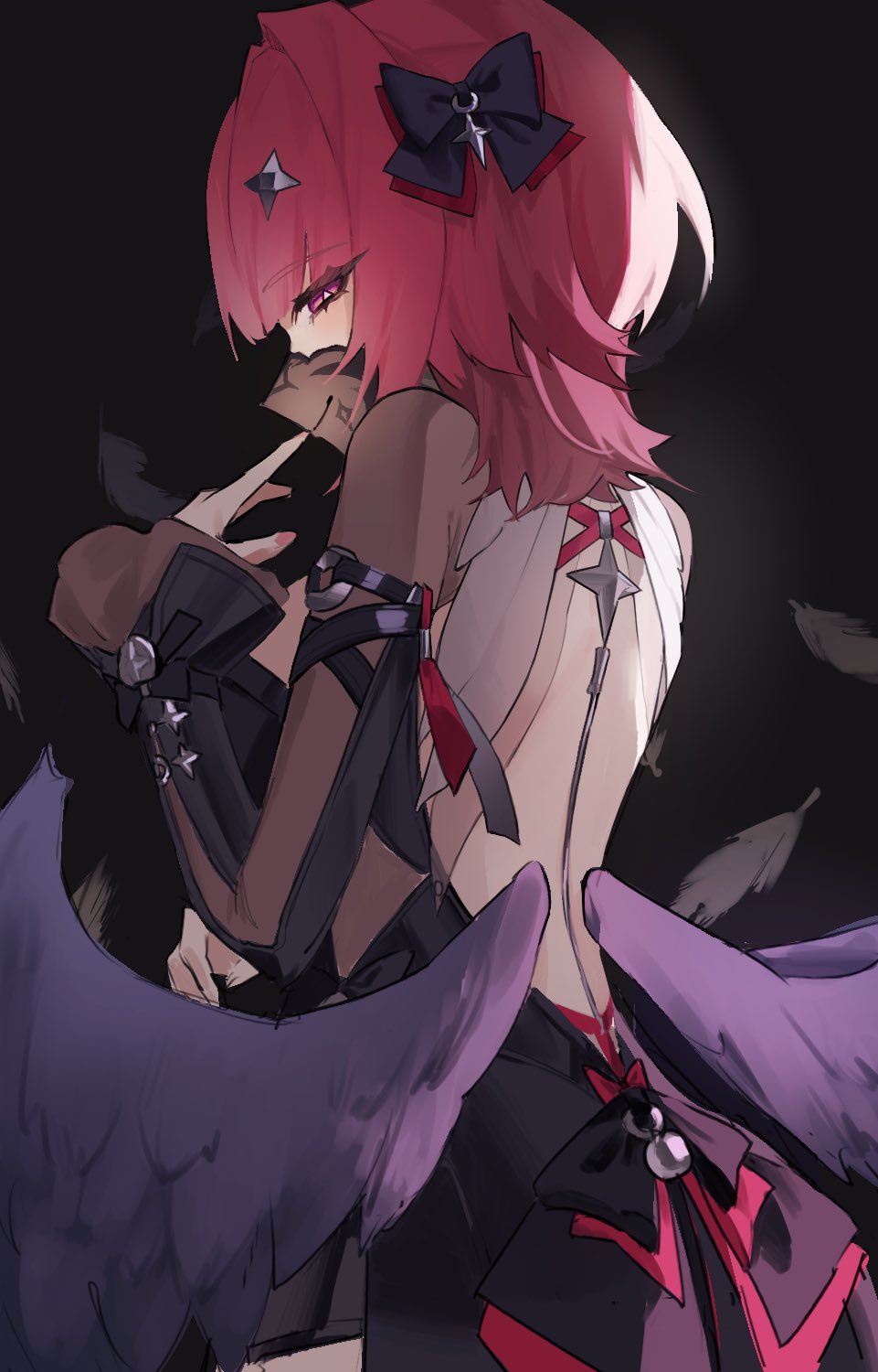 1girl, backless_dress, backless_outfit, black_background, black_bow, black_dress, black_mask, black_shrug