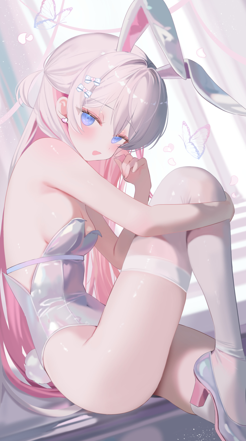 1girl, absurdres, animal_ears, bare_arms, bare_shoulders, blue_eyes, bow, breasts