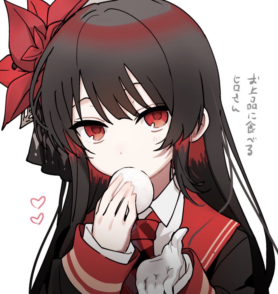 1girl, black_hair, black_shirt, commentary_request, eating, flower, food, gloves